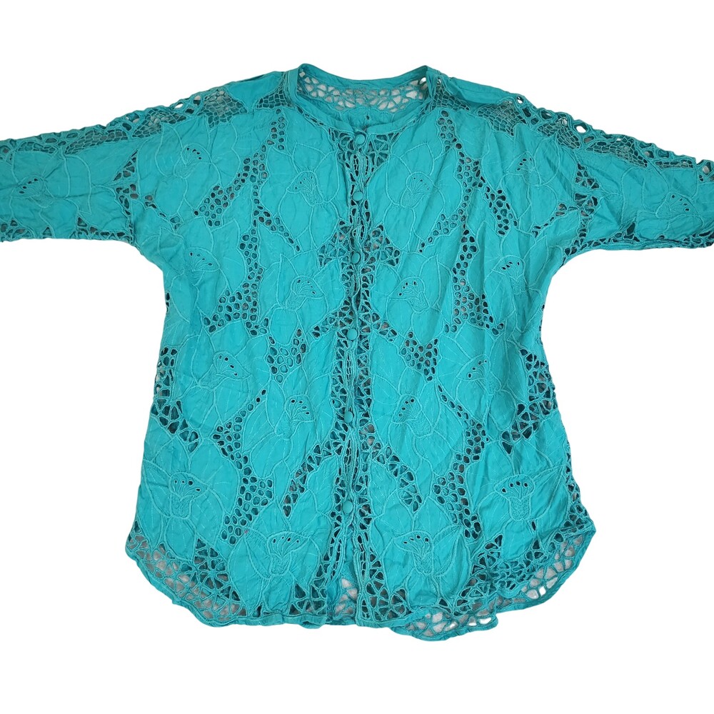Vintage Funky Open-Knit Lagenlook Artsy Sweater Top One Size Button Front #1536
